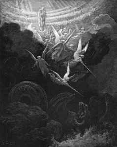 El Arcángel Miguel y sus ángeles luchando contra el dragón