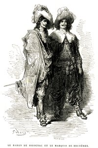 El barón de Sigognac y el marqués de Bruyeres. Grabado de Gustave Dore que ilustra la novela de Theophile Gautier "Le capitaine Fracasse", edición Charpentier 1863.