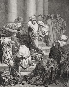 Los compradores y vendedores expulsados del templo, Lucas 19:45-46, ilustración de 