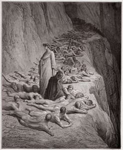 La Divina Comedia, Purgatorio, Canto 19: Las almas de los avaros: Adriano V habla con Dante - por Dante Alighieri (1265-1321) - Ilustración de Gustave Doré (1832-1883). de Gustave Dore