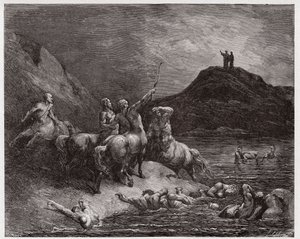 La Divina Comedia, Infierno, Canto 12: Neso y los centauros - Ilustración de Gustave Doré