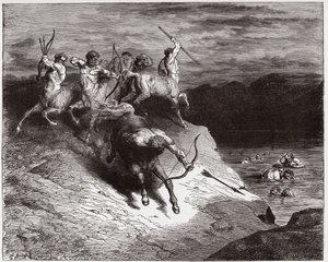 La Divina Comedia, Infierno, Canto 12: Los centauros atacan las almas en sangre hirviente - Ilustración de Gustave Doré de Gustave Dore