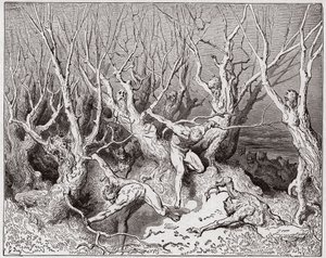 La Divina Comedia (La Divina Commedia, La Divine Comédie), Infierno, Canto 13: Los suicidas huyen del bosque - por Dante Alighieri (1265-1321) - Ilustración de Gustave Doré (1832-1883)