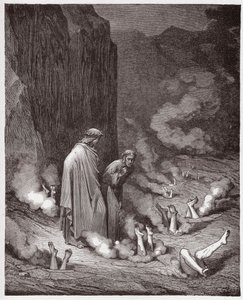 La Divina Comedia (La Divina Commedia, La Divine Comedie), Infierno, Canto 19: Dante reprende al Papa Nicolás III en la cuarta bolgia - por Dante Alighieri (1265-1321) - Ilustración de Gustave Doré (1832-1883) de Gustave Dore