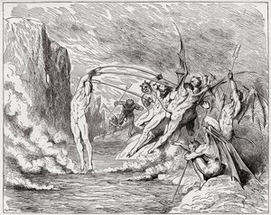 La Divina Comedia, Infierno, Canto 21: Los demonios atormentan a los barateros - por Dante Alighieri (1265-1321) - Ilustración de Gustave Doré (1832-1883) de Gustave Dore