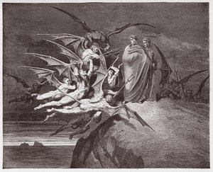 La Divina Comedia, Infierno, Canto 21: Los demonios amenazan a Virgilio - por Dante Alighieri (1265-1321) - Ilustración de Gustave Doré (1832-1883) de Gustave Dore