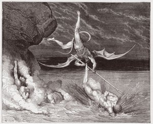La Divina Comedia (La Divina Commedia, La Divine Comedie), Infierno, Canto 22: Ciampolo escapa del demonio Alichino en la quinta bolgia - por Dante Alighieri (1265-1321) - Ilustración de Gustave Doré (1832-1883) de Gustave Dore