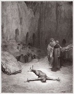 La Divina Comedia, Infierno, Canto 23: Un fariseo crucificado entre los hipócritas - por Dante Alighieri (1265-1321) - Ilustración de Gustave Doré (1832-1883) de Gustave Dore