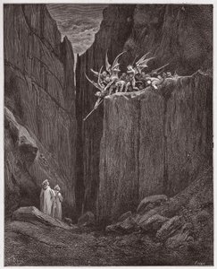 La Divina Comedia, Infierno, Canto 23: Los poetas escapan de los demonios de la quinta bolgia - por Dante Alighieri (1265-1321) - Ilustración de Gustave Doré (1832-1883) de Gustave Dore