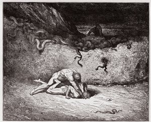 La Divina Comedia, Infierno, Canto 30: El tormento de los falsificadores en la novena bolgia (Gianni Schicchi) - por Dante Alighieri (1265-1321) - Ilustración de Gustave Doré (1832-1883) de Gustave Dore
