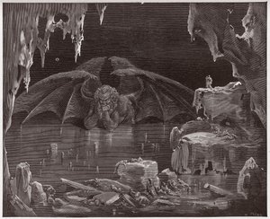 La Divina Comedia, Infierno, Canto 34: Lucifer, rey del Infierno, congelado en el hielo - por Dante Alighieri (1265-1321) - Ilustración de Gustave Doré (1832-1883) de Gustave Dore