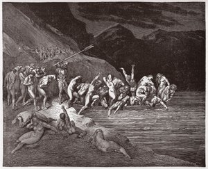 La Divina Comedia, Infierno, Canto 3: Las almas condenadas embarcando para cruzar el Aqueronte - Ilustración de Gustave Doré