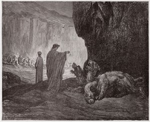 La Divina Comedia, Infierno, Canto 6: Virgilio alimenta a Cerbero en el tercer círculo - por Dante Alighieri (1265-1321) - Ilustración de Gustave Doré (1832-1883) de Gustave Dore
