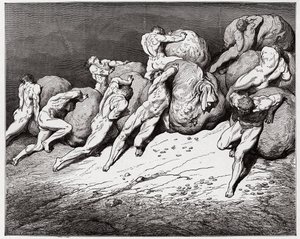 La Divina Comedia, Infierno, Canto 7: Las almas de los avaros y los pródigos obligadas a rodar piedras pesadas - por Dante Alighieri (1265-1321) - Ilustración de Gustave Doré (1832-1883) de Gustave Dore