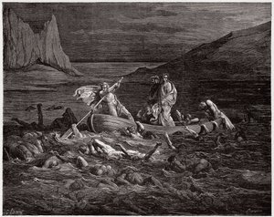 La Divina Comedia, Infierno, Canto 8: Flegias lleva a Dante y Virgilio a través del Estigia - por Dante Alighieri (1265-1321) - Ilustración de Gustave Doré (1832-1883)