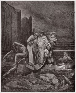 La Divina Comedia, Infierno, Canto 8: El alma del florentino Filippo Argenti aborda a los poetas en el Estigia (Ilustración de Gustave Doré) de Gustave Dore