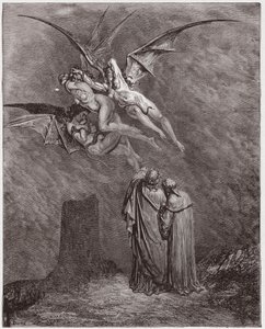 La Divina Comedia (La Divina Commedia, La Divine Comédie), Infierno, Canto 9: Las horribles Erinias: Megaera, Tisífone, Alecto - por Dante Alighieri (1265-1321) - Ilustración de Gustave Doré (1832-1883) de Gustave Dore