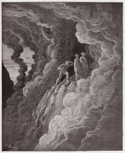 La Divina Comedia (La Divina Commedia, La Divine Comedie), Purgatorio, Canto 16: Marco Lombardo sigue a los poetas a través del humo - por Dante Alighieri (1265-1321) - Ilustración de Gustave Doré (1832-1883) de Gustave Dore
