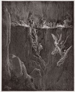 La Divina Comedia (La Divina Commedia, La Divine Comedie), Purgatorio, Canto 25: Virgilio y Dante ascienden al séptimo círculo a través de las llamas - por Dante Alighieri (1265-1321) - Ilustración de Gustave Doré (1832-1883) de Gustave Dore