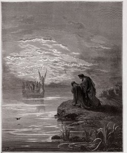 La Divina Comedia, Purgatorio, Canto 2: Dante se inclina ante el ángel piloto - por Dante Alighieri (1265-1321) - Ilustración de Gustave Doré (1832-1883) de Gustave Dore