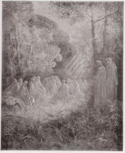 La Divina Comedia, Purgatorio, Canto 7: Los espíritus cantando Salve Regina en el valle - por Dante Alighieri (1265-1321) - Ilustración de Gustave Doré (1832-1883) de Gustave Dore