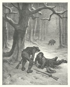 Las Fábulas de La Fontaine: El oso y los dos amigos (grabado) de Gustave Dore