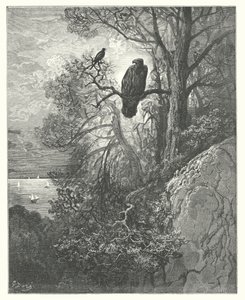 Las Fábulas de La Fontaine: El águila y la urraca (grabado) de Gustave Dore