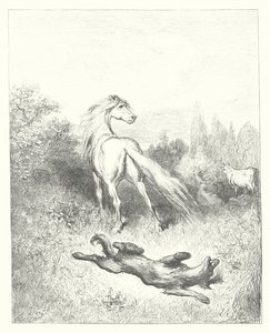 Las Fábulas de La Fontaine: El caballo y el lobo (grabado) de Gustave Dore