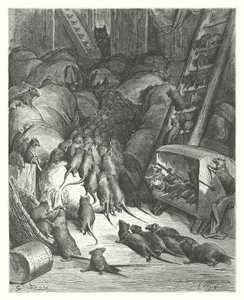Las Fábulas de La Fontaine: La Liga de las Ratas (grabado) de Gustave Dore