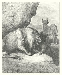 Las Fábulas de La Fontaine: El león, el lobo y la zorra (grabado)