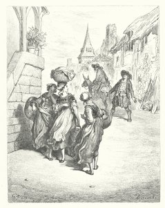 Las Fábulas de La Fontaine: El molinero, su hijo y el asno (grabado) de Gustave Dore