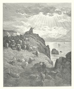 Las Fábulas de La Fontaine: El pastor y el mar (grabado) de Gustave Dore