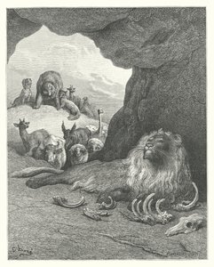 Las Fábulas de La Fontaine: El león enfermo y la zorra (grabado) de Gustave Dore
