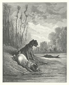 Las Fábulas de La Fontaine: Los dos perros y el asno muerto (grabado) de Gustave Dore