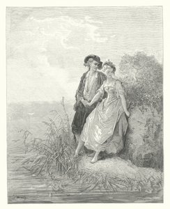 Las Fábulas de La Fontaine: Tircis y Amaranto (grabado) de Gustave Dore