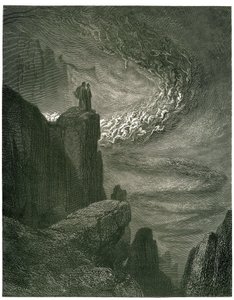 El Infierno de Dante Alighieri (la Divina Comedia) ilustrado por Gustave Dore. Edición francesa de 1861. "La bufera infernal, che mai non resta/Mena gli spirti con la sua rapina. (El huracán infernal, que nunca se detiene, atrae a los espíritus en su torbe de Gustave Dore