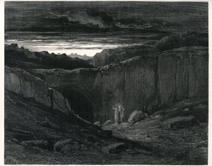 El Infierno de Dante Alighieri (la Divina Comedia) ilustrado por Gustave Dore. Edición francesa de 1861. Dante y Virgilio a la entrada del Infierno:" Lasciate ogni speranza, voi che 