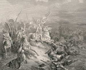 La Santa Biblia. 1866. El ángel de los Macabeos. Grabado de Gustave Dore