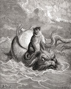 El mono y el delfín según una obra de Gustave Dore para una fábula de La Fontaine. De Vida y recuerdos de Gustave Dore, publicado en 1885. de Gustave Dore