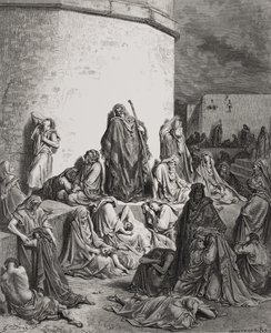 El pueblo lamentándose sobre las ruinas de Jerusalén, Lamentaciones 1:1-2, ilustración de 