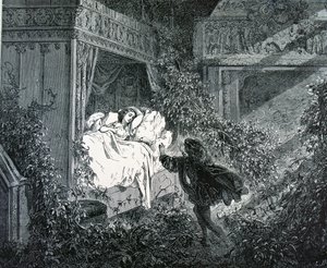 El príncipe entrando en el dormitorio de la princesa en el castillo encantado, ilustración para 