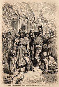 La llegada de la diligencia a un hotel en Santa Cruz de modela (provincia de La Mancha), asaltada por mendigos pidiendo limosna. Dibujo de Gustave Doré (1832-1883). Grabado para ilustrar el viaje a España, en 1862 por Charles Davillier y Gustave Doré, en “ de Gustave Dore