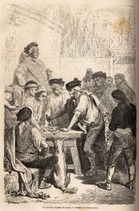 El arma baratero de la navaja, exigiendo el barato, tributo que se arroga sobre la cantidad de juegos clandestinos. Dibujo de Gustave Doré, para ilustrar su viaje a España en 1862, con Ch. Davillier. Grabado en 