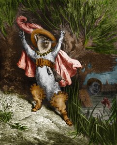 El gato con botas pide ayuda. Grabado de Gustave Doré de 