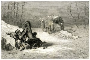 El bandolero Agostin es atacado por un lobo, cerca del caballo muerto aún alcanzado en el carro abandona a los comediantes, o esconde a la pequeña Chiquita. Grabado de Gustave Dore ilustrando la novela de Theophile Gautier "Le capitaine Fracasse", edición  de Gustave Dore