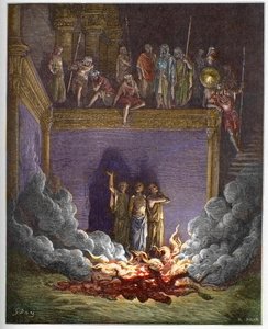 El horno ardiente (los tres niños de Babilonia, los tres jóvenes hebreos o los tres jóvenes) Ananías, Azarías y Misael precipitados en un horno ardiente porque se niegan a inclinarse ante la estatua del rey de Babilonia - Los Tres Jóvenes en el Horno Ardie de Gustave Dore