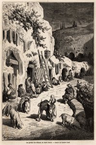 Las cuevas (casas subterráneas) de los gitanos, en Sacro Monte, en Granada. Dibujo de Gustave Doré (1832-1883), para ilustrar su viaje a España en 1862, acompañado por Ch. Davillier. Grabado en 