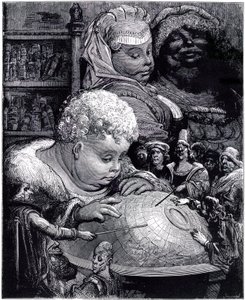 La educación de Gargantúa: el gigante, niño, estudia un globo con sus maestros, bajo la mirada de sus padres de Gustave Dore