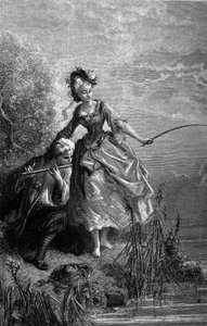 El pez y el pastor tocando la flauta. El sonido de la flauta sirve como cebo. Fábulas de Jean de La Fontaine (1621-1695). Ilustración de Gustave Doré. de Gustave Dore