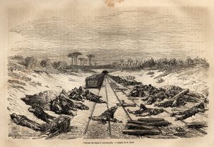 La hora de descanso en Argamasilla, los numerosos trabajadores ferroviarios acostados en la vía, descansan bajo el sol pleno. Grabado para ilustrar el viaje a España por Gustave Doré (1832-1883) ilustrador y Barón Ch. Davillier redactor, en 1862, publicado de Gustave Dore